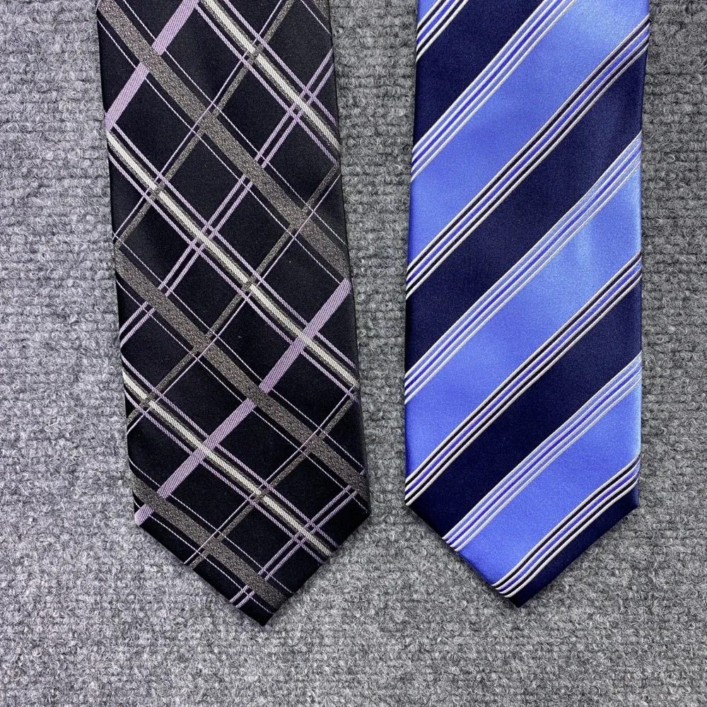 Stafford Mens Silk Tie Lot 2 Black‎ Plaid Purple Blue Striped Performance Preppy